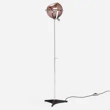 Globe floor lamp by Frank Ligtelijn, 1961, chrome-plated brass, smoked glass, enameled steel, aluminum, rubber, sold Aug 2023