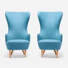 Wingback chair, pair by Tom Dixon, c. 2018, upholstery, copper-plated steel, sold Aug 2023
