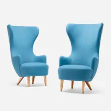 Wingback chair, pair by Tom Dixon, c. 2018, upholstery, copper-plated steel, sold Aug 2023