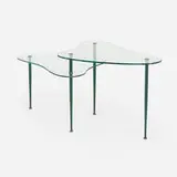 Two-tier coffee table by Modern, c. 1955, tempered glass, enameled steel, brass, sold Aug 2023