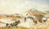Fighting on the beaches by Orlando Norie, watercolour, sold Feb 2015