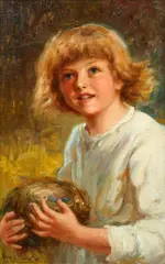 Boy holding a bird's nest by Frederick James Knowles, oil on canvas, sold Feb 2015