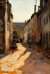 "Les halles aux poissons, Concarneau" by Paul Mathey, oil on board, sold Feb 2015