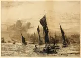 Barges and steamers on the Thames with St. Pauls and London Bridge beyond by William Lionel Wyllie, etching, sold Feb 2015