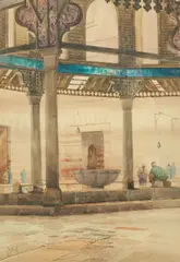 Inside the mosque; Praying in the mosque, a pair by Spyridon Scarvelli, watercolour, sold Feb 2015