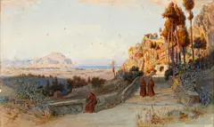 Monastry with coastal town in the distance by Carl Werner, watercolour, sold Feb 2015