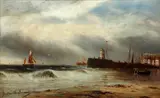 Gustave de Breanski, Coastal scene with pier and lighthouse, oil on canvas
