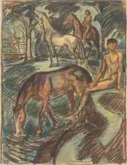 Ludwig von Hofmann, Reiter und Pferde am Wasser, Um 1908, Kreide und Aquarell auf dünnem gelblichem Papier