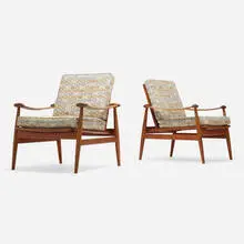 Lounge chairs, pair by Finn Juhl, 1954, teak, upholstery, sold Aug 2023