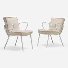 Armchairs, pair by Christian Werner, c. 1995, aluminum, linen, sold Aug 2023