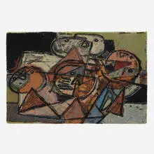 Carpet by Guillaume Cornelis van Beverloo, c. 1980, machine-knotted wool, sold Aug 2023