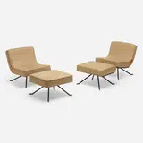 Lounge chairs and ottomans, pair by Modern, c. 1960, wax-coated upholstery, vinyl, leather, enameled steel, sold Aug 2023