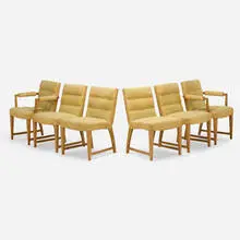 Gilbert Rohde, Dining chairs, set of six, 1939, bleached walnut, upholstery