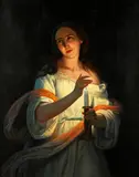 English School, Mid-19th Century, Young woman holding a candle, oil on canvas