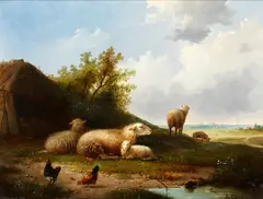 Sheep and hens in a field by Auguste Coomans, oil on panel, sold Feb 2015