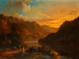 English School, Mid-19th Century, Figures beside a loch in a Highland landscape; Cattle beside a loch in a Highland landscape; a pair, oil on canvas