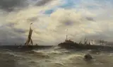 Gustave de Breanski, A fishing trawler entering harbour, oil on canvas