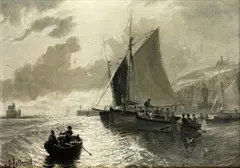 Fishing boats off a harbour; and Cart horses on the shore, both scenes thought to be on the Isle of man, by John Holland, en grisaille, oil on board (a pair), sold Feb 2015