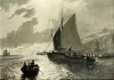 Fishing boats off a harbour; and Cart horses on the shore, both scenes thought to be on the Isle of man, by John Holland, en grisaille, oil on board (a pair), sold Feb 2015