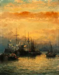 Shipping on a Calm at Dusk by William Thornley, oil on panel, sold Feb 2015