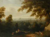 English School 19th century, Peasants in a landscape with distant view of Windsor Castle