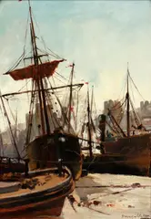 Busy city port scene by Dawson Dawson-Watson, oil on canvas, sold Feb 2015