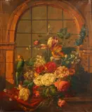 Flowers with parrot by a window by Continental School, oil on canvas, sold Feb 2015