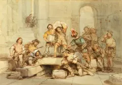 Soldiers looking for an enemy in hiding by George Cattermole, watercolour, sold Feb 2015