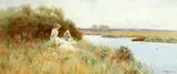 Two girls seated by a river by Tom Lloyd, watercolour heightened with white, sold Feb 2015