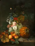 Fruit and flowers on a ledge by Theude Grønland, oil on canvas, sold Feb 2015