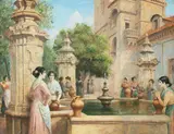 Arthur Trevor Haddon, Gathering at the well, oil on canvas