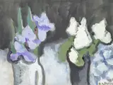 Stillleben mit Iris und weißem Flieder by Klaus Fußmann, 1993, Gouache auf grauem Karton, sold Jun 2018
