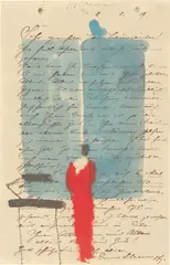 Rote Figur by Karl Bohrmann, 1996, Gouache über einen mit Tuschfeder geschriebenen Brief auf gelochtem Papier, sold Dec 2018