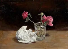 Stillleben mit zerknülltem Papier und Blumen im Glas by Boris Deutsch, Um 1900, Öl auf Pappe, sold Dec 2021