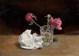 Boris Deutsch, Stillleben mit zerknülltem Papier und Blumen im Glas, Um 1900, Öl auf Pappe