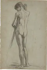 Rückenakt eines Jungen. Wohl vor 1894 by Ludwig von Hofmann, Kreide auf grauem Bütten, sold Jun 2022