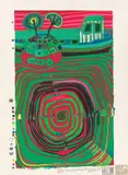La Barca - Regentag - Slow travel under the sun by Friedensreich Hundertwasser, 1969, Farbserigrafie und Metalldruck auf Velin, sold Jan 2021