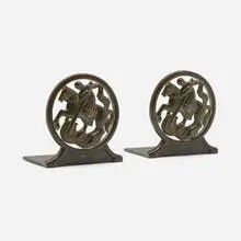 Bookends by Just Andersen, c. 1940, Disko metal, sold Aug 2023