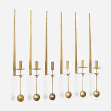 Lampett wall appliques, set of six by Pierre Forsell, c. 1965, brass, sold Aug 2023