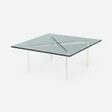 Barcelona coffee table by Ludwig Mies van der Rohe, glass, stainless steel, sold Aug 2023