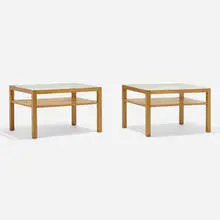 Occasional tables, pair by Paul Laszlo, c. 1950, mahogany, glass, sold Aug 2023