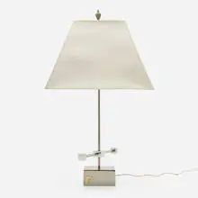 Table lamp by Pierre Cardin, c. 1975, chrome-plated brass, paper, chrome-plated steel, sold Aug 2023