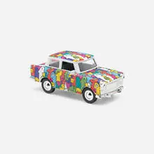 Trabant model car by Thierry Noir, c. 1995, enameled pot-metal, plastic, rubber, sold Aug 2023
