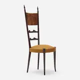 Dining chair by Aldo Tura, c. 1960, mahogany, lacquered goatskin, upholstery, steel, sold Aug 2023