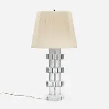 Table lamp by Modern, c. 1975, acrylic, chrome-plated brass, cotton, sold Aug 2023