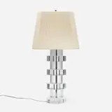 Table lamp by Modern, c. 1975, acrylic, chrome-plated brass, cotton, sold Aug 2023
