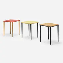 Stacking occasional tables, set of three by Franziska Hosken, c. 1945, lacquered birch, birch, sold Aug 2023