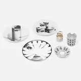 Collection of tabletop objects by Piero Fornasetti, lithographic transfer printed, glazed, and gilt porcelain, sold Aug 2023