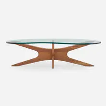 Coffee table, model 893-TGO by Adrian Pearsall, c. 1960, walnut, glass, sold Aug 2023