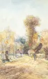 Figure in a Japanese landscape by Ishikawa Kinichiro, watercolour, offered Feb 2015